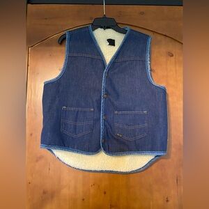 Vintage Roebucks Sherpa Lined Denim Vest Mens L Blue Snap Western Cowboy Rodeo